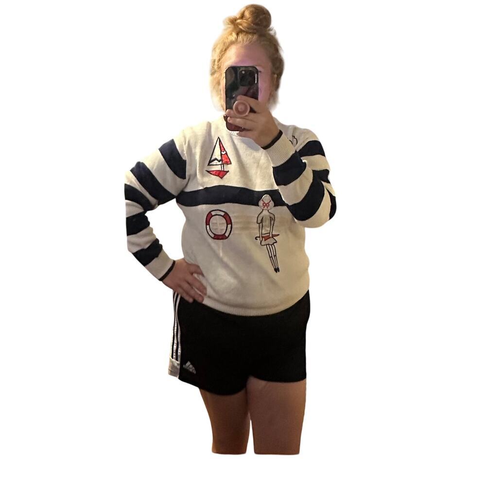 Nautical vintage‎ 80s white and navy blue strips acrylic sweater Womens Size L